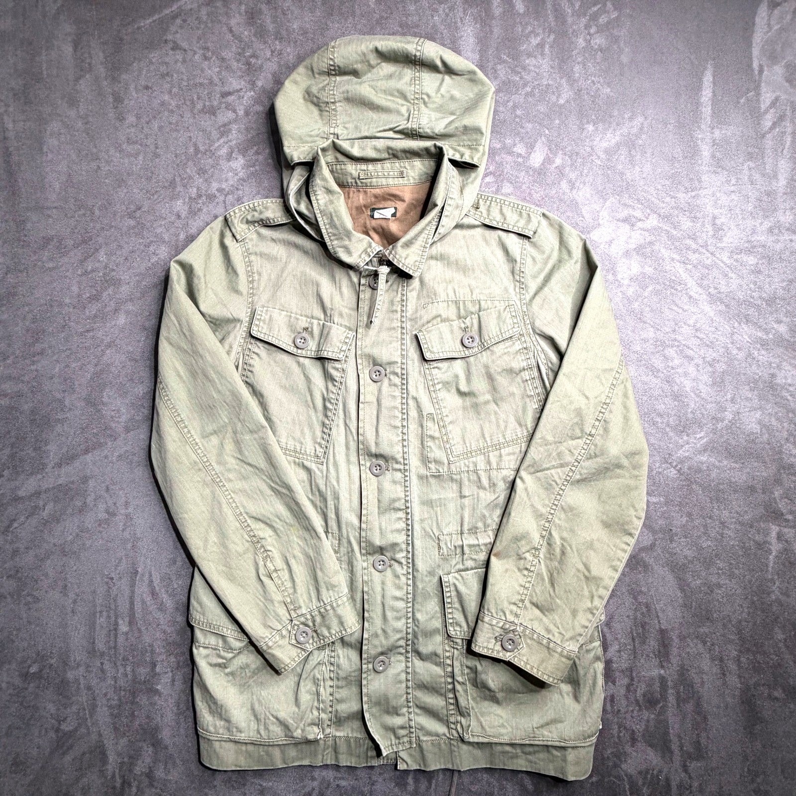 Vtg J.Crew Jacket Women M Green 100% Cotton Field Hooded Utility Lightweight Y2k